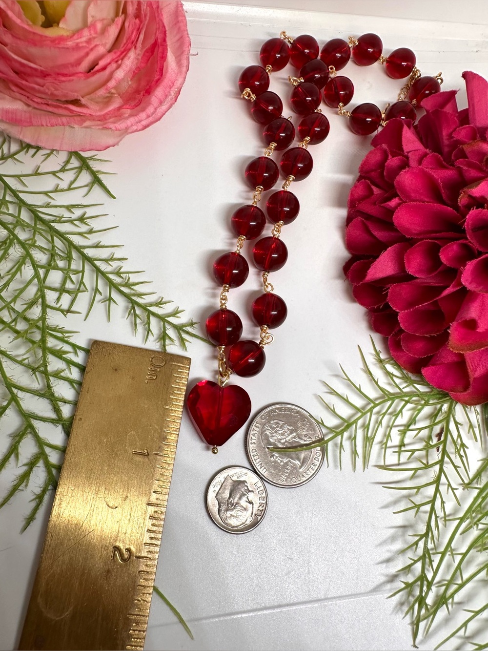 NEW⚜️ Handmade Red Beaded Crystal Heart Charm Necklace - Picture 6 of 6